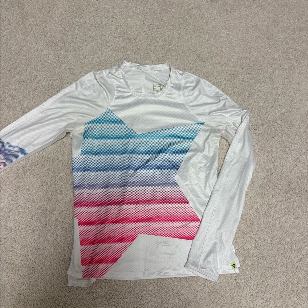 Lucky in Love Tennis/Gold Long Sleeve Star Pattern Shirt - White, Blue, Pink